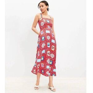 LOFT Red Novelty Print Midi Dress - Tinned Fish Oyster Lemon - Size 14
